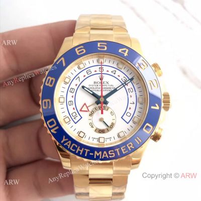 JF Factory Replica Rolex Yacht-master II All Gold Case Blue Ceramic Bezel Men Watch